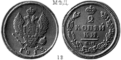 Александр 1 / Медь / 2 копейки КМ 1813