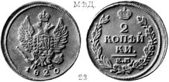 Александр 1 / Медь / 2 копейки ЕМ 1820