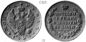 Александр 1 / Серебро / Рубль СПБ 1824