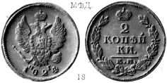 Александр 1 / Медь / 2 копейки ЕМ 1824