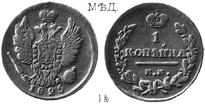 Александр 1 / Медь / 1 копейка ЕМ 1825