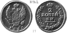 Александр 1 / Медь / 2 копейки КМ 1825