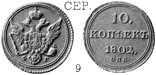 Александр 1 / Серебро / 10 копеек СПБ 1802