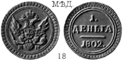 Александр 1 / Медь / 1 деньга КМ 1802