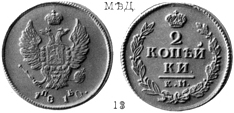Александр 1 / Медь / 2 копейки КМ 1810