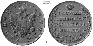 Александр 1 / Серебро / Рубль СПБ 1808