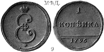 Екатерина 2 / Копейка 1796 / Медь
